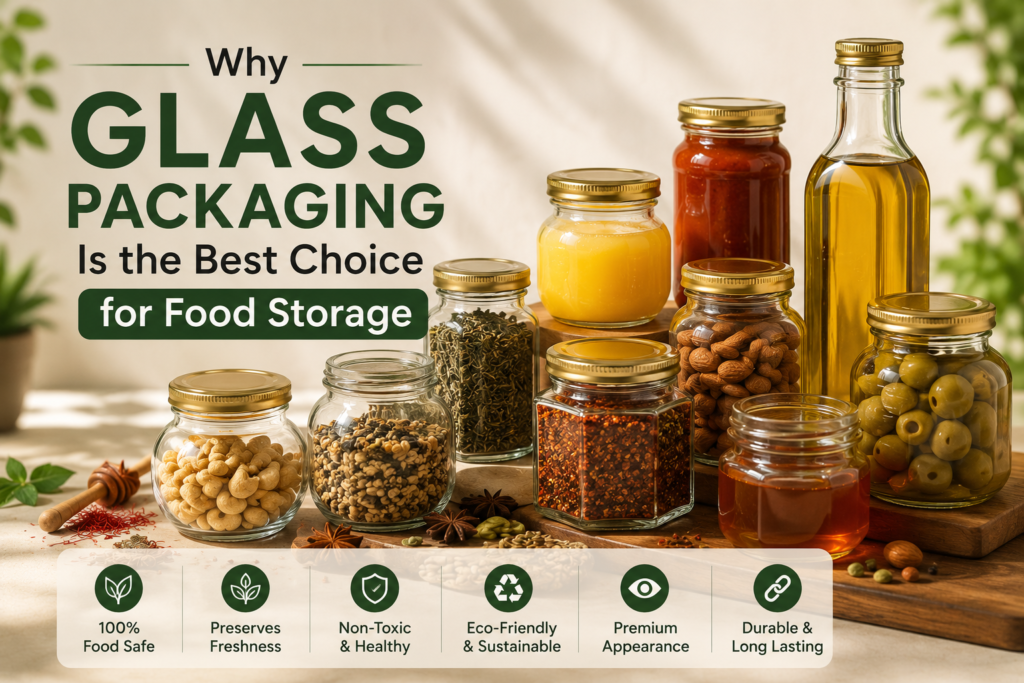 Premium glass jars and bottles used for safe food storage and sustainable packaging solutions.