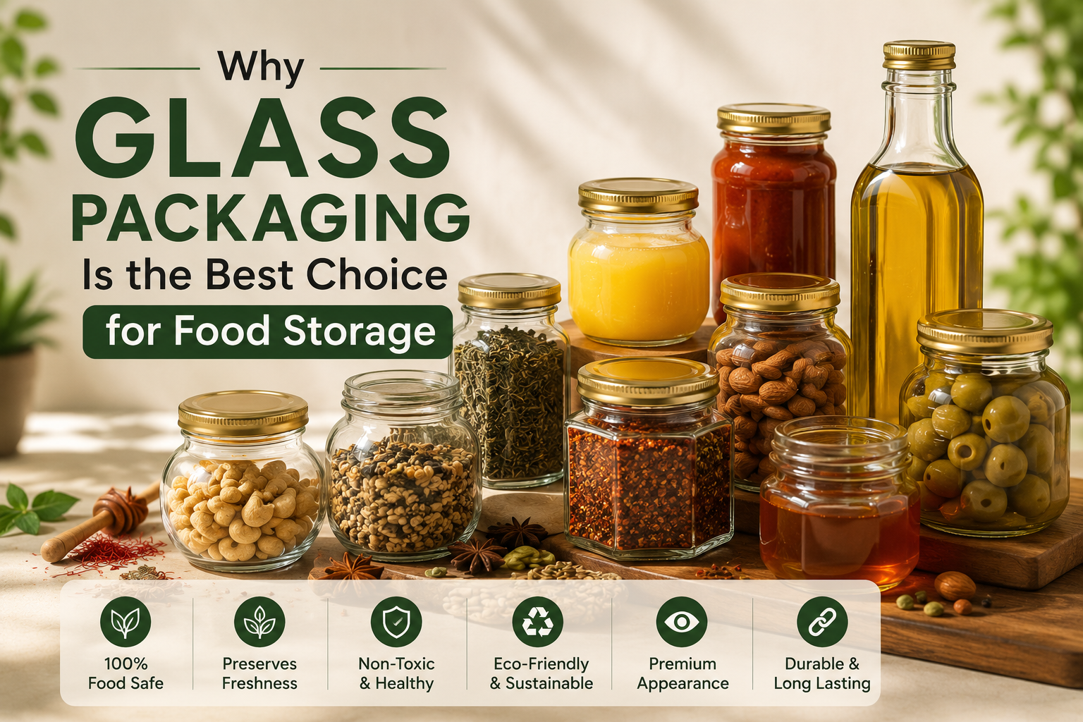Premium glass jars and bottles used for safe food storage and sustainable packaging solutions.