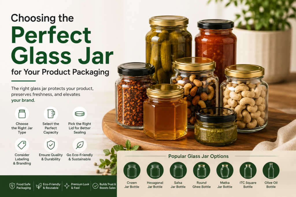 Premium glass jars and bottles for food packaging including honey, spices, sauces, pickles, dry fruits, and beverages.